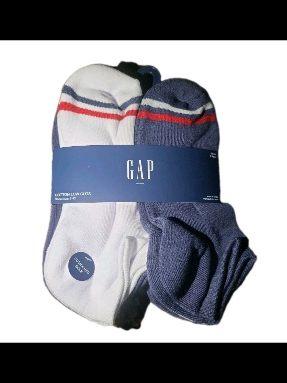 Gap cotton low cuts Socks Mens 6 pairs white,blue,striped Shoe Size 6-12